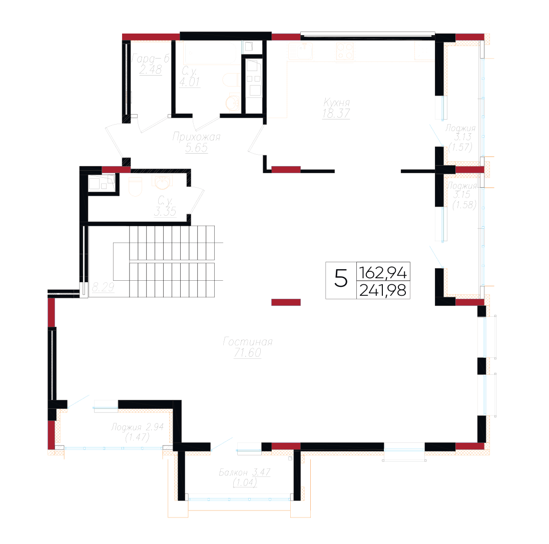 Планировка пятикомнатного пентхауса Wall Street площадью 241,98 м², 6 этаж