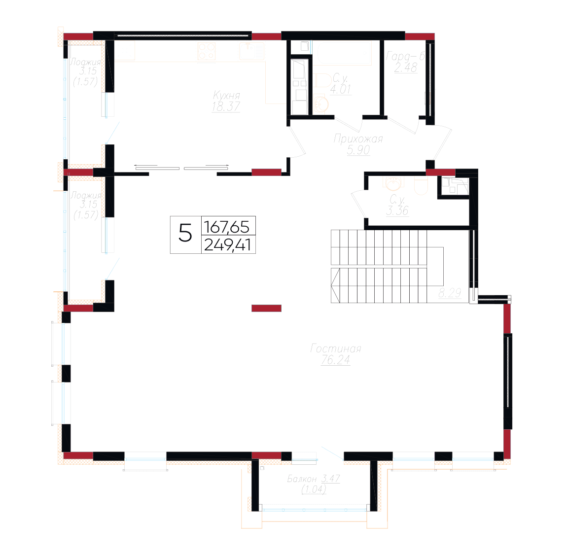 Планировка пятикомнатного пентхауса Wall Street площадью 249,41 м², 6 этаж