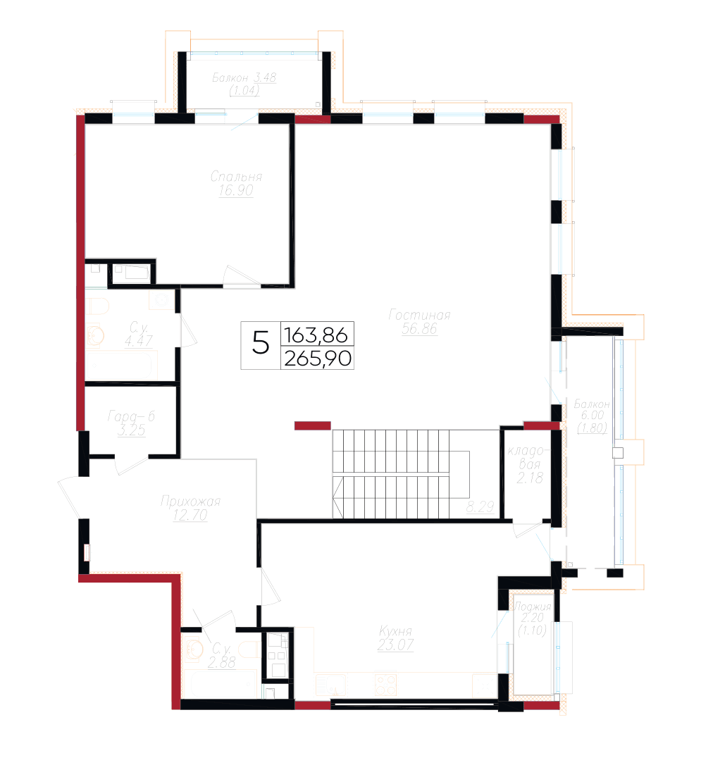 Планировка пятикомнатного пентхауса Wall Street площадью 265,90 м², 6 этаж