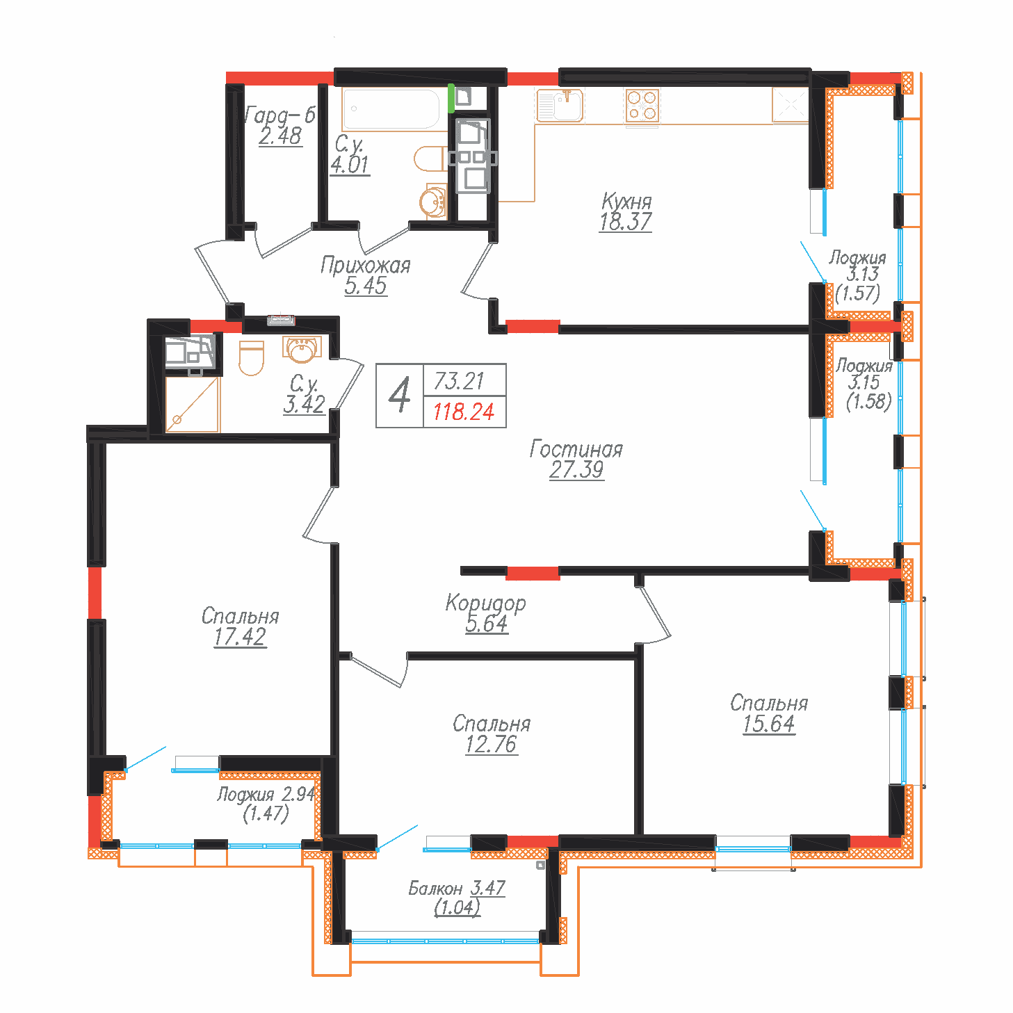 Планировка четырёхкомнатной квартиры Wall Street площадью 118,24 м²