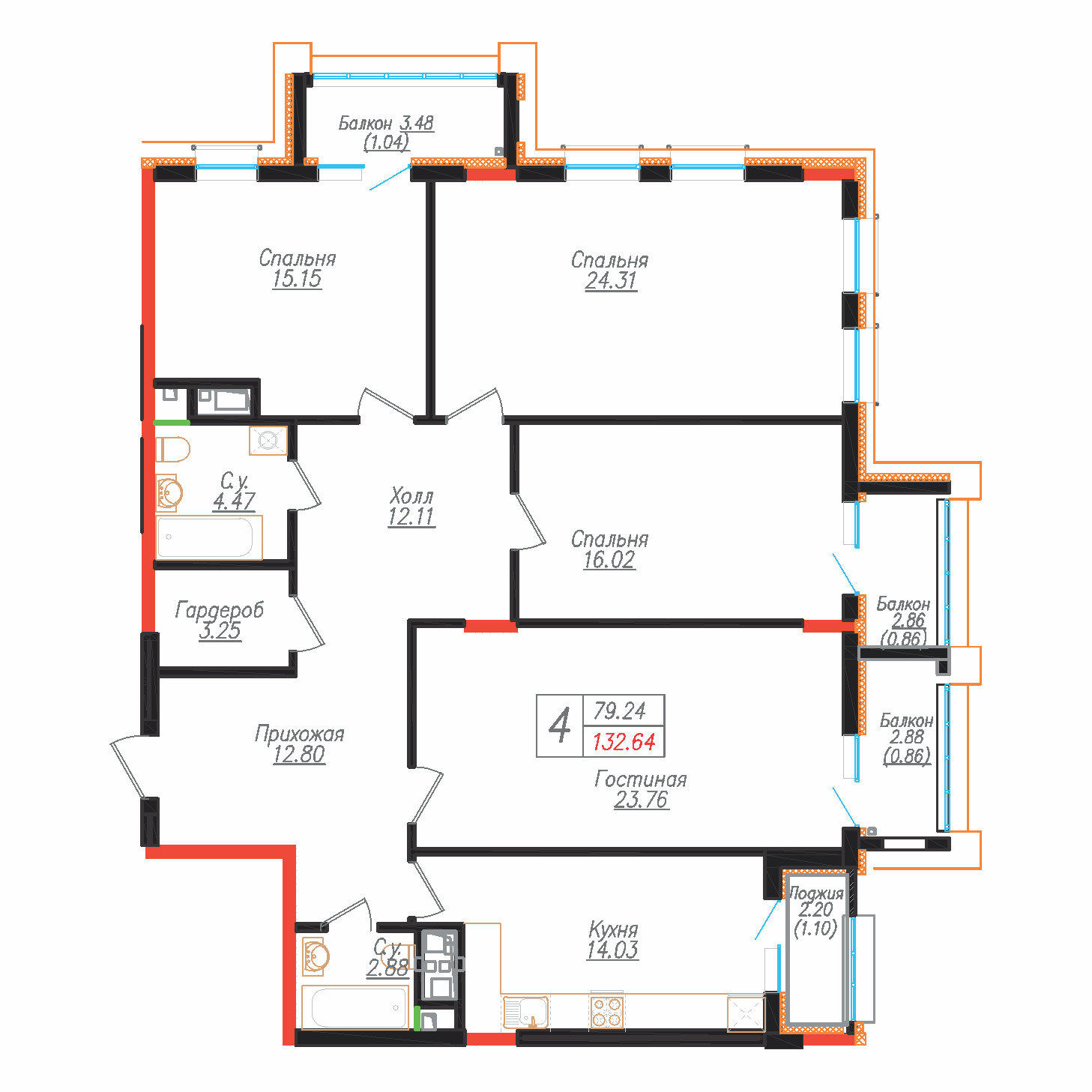 Планировка четырёхкомнатной квартиры Wall Street площадью 132,64 м²