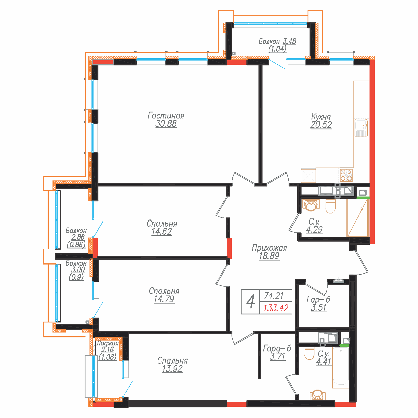 Планировка четырёхкомнатной квартиры Wall Street площадью 133,42 м²